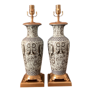 1960s Pair of Frederick Cooper Attributed Ceramic and Brass Table Lamps - Fully Restored