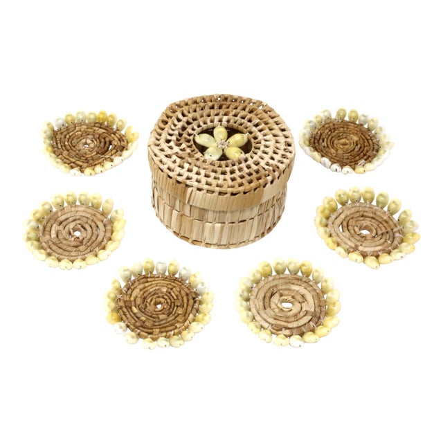 Vintage Puka Shell and Woven Grass Coasters With Storage Box - Set of 7 For Sale
