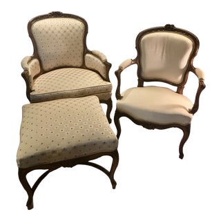 Antique French Bergere With Ottoman and Arm Chair - 3 Pieces For Sale
