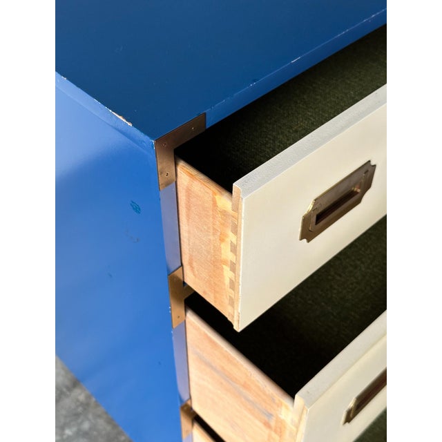 Blue & White Campaign Chest of Drawers With Brass Hardware, 1970s For Sale - Image 15 of 17