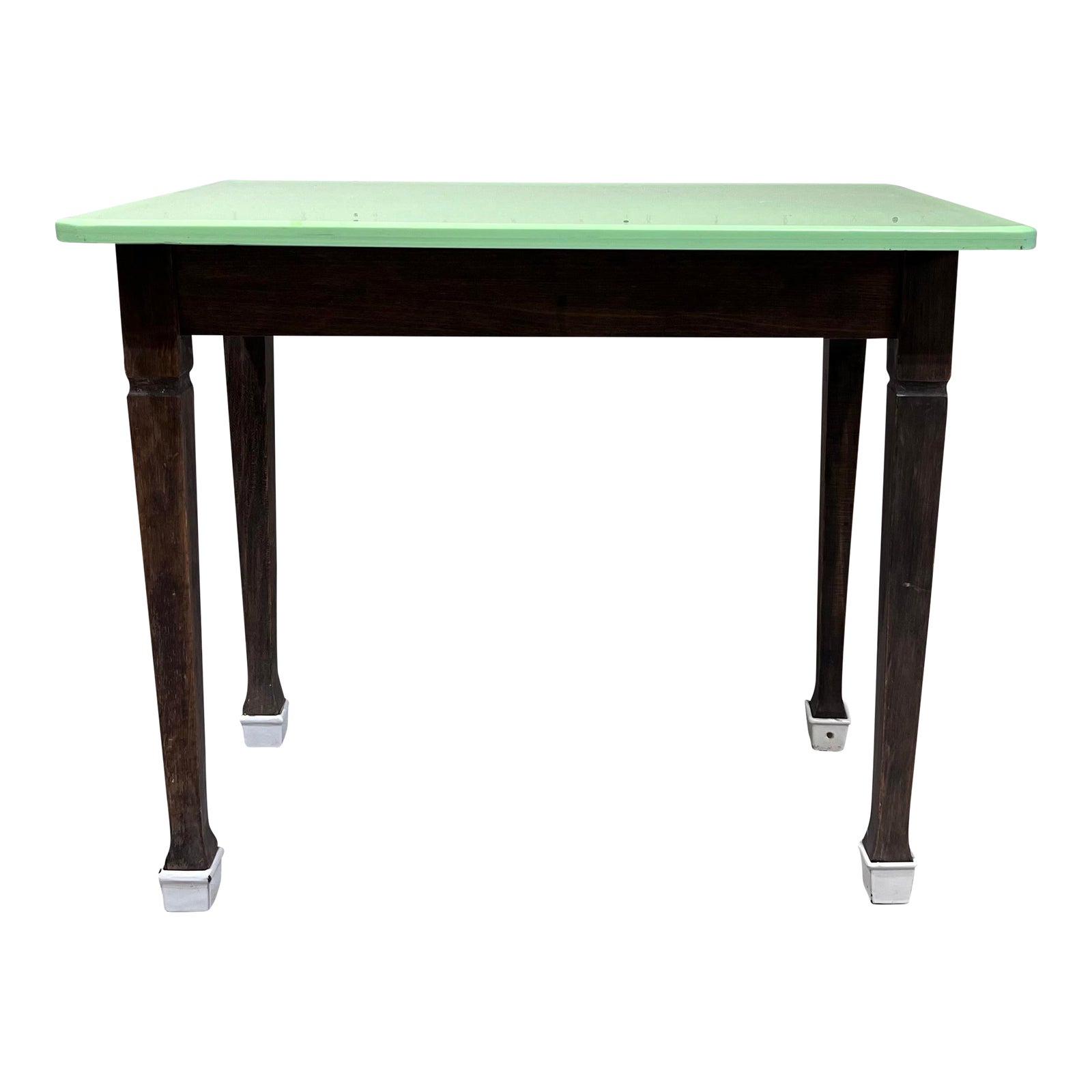 19th Century Oak Side Table with Green Glass Top and Porcelain Feet