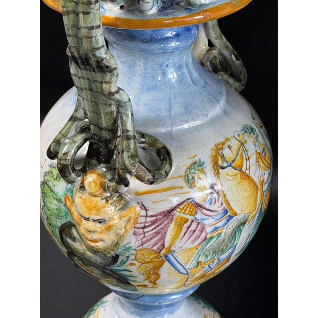 Vintage Italian Hand-Painted Majolica Mythological Vases, 1800s, Set of 2 For Sale - Image 11 of 18