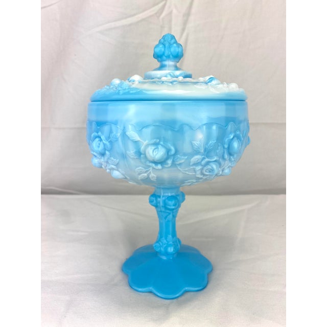 1930s Vintage Fenton Blue & White Swirl Embossed Milk Glass Covered