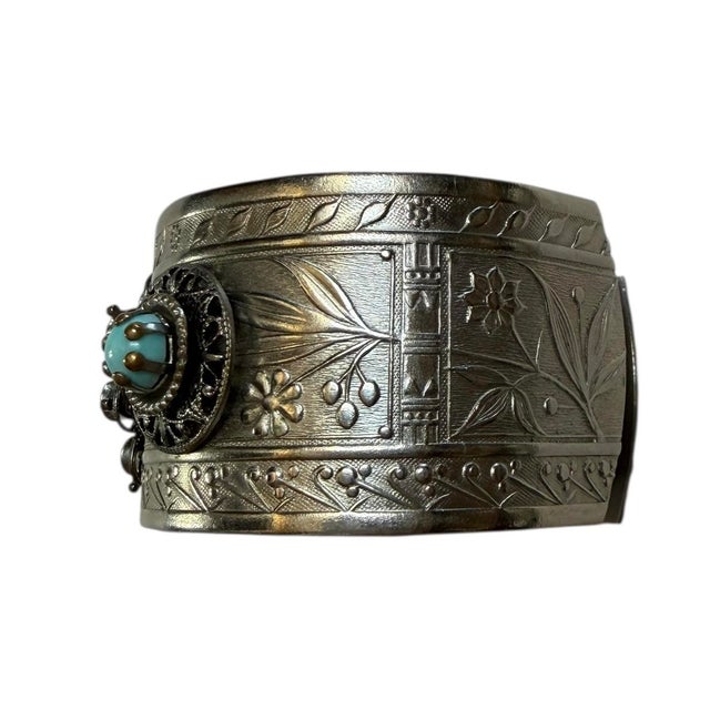 American Vintage Silver Plated Cuff With Turquoise Beads and Scrollwork For Sale - Image 3 of 7