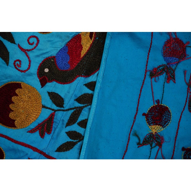 Blue Uzbek Suzani Textile – Peacock, Bird & Floral Motif Wall Art - Tapestry 3'4'' X 6 For Sale - Image 11 of 13
