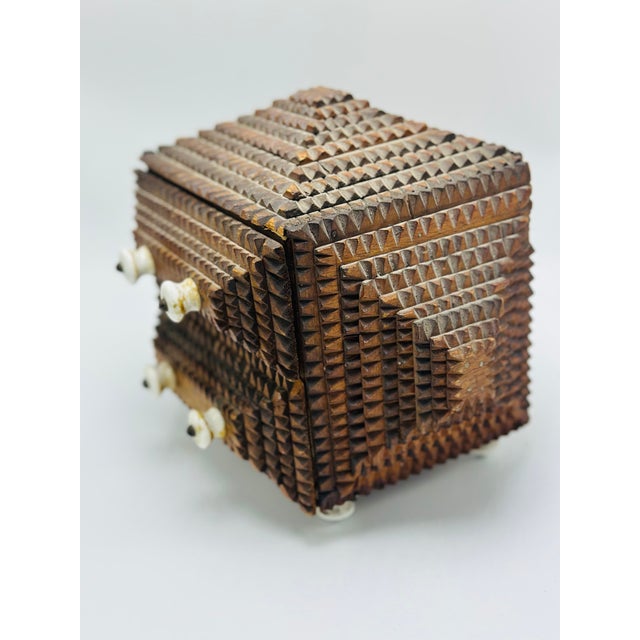 Antique Tramp Art Box With Porcelain Feet For Sale - Image 4 of 9