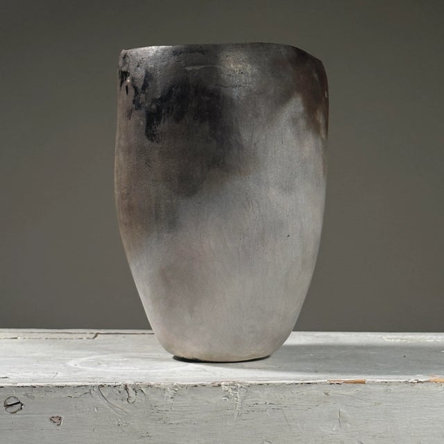 Modern Vintage Matte Modernist Raku Fired Smoke Grey Ceramic Vase and Double Bowl Vessel, Signed For Sale - Image 3 of 11