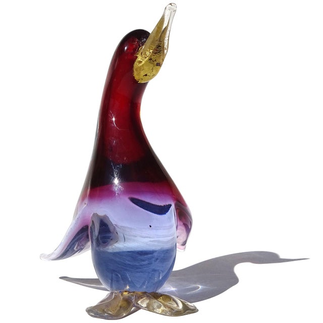 Mid-Century Modern Vintage Murano Sommerso Red Purple Blue Gold Flecks Italian Art Glass Bird Figurine With Original Label For Sale - Image 3 of 10