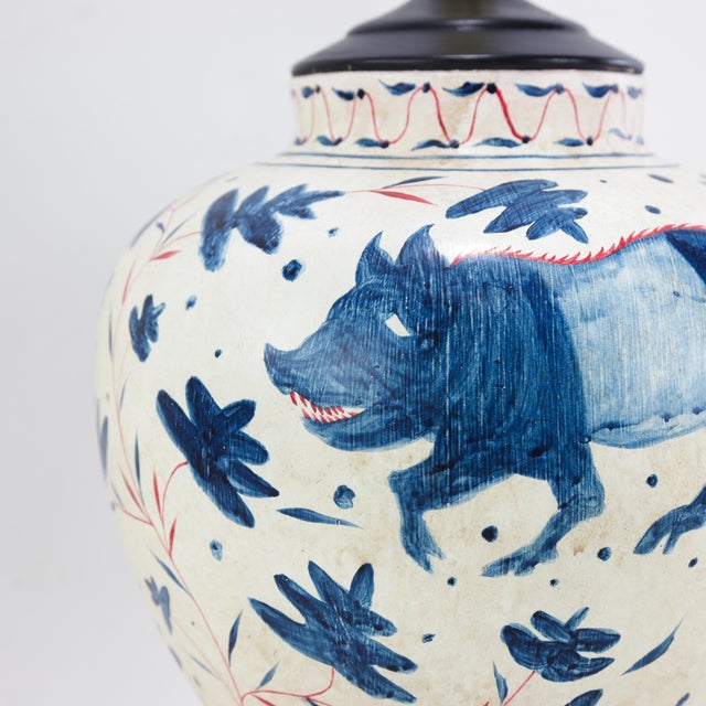 Pair of Vintage Brunschwig & Fils Cadiz Table Lamps - Blue and Cream Ceramic With Boar and Deer Motif For Sale - Image 14 of 17