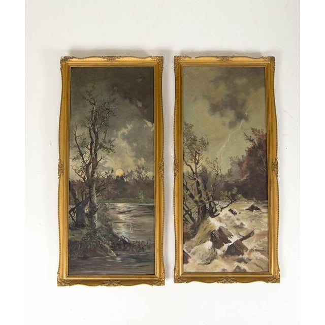 Art Nouveau Diptych Landscape, Oil on Canvas Paintings, 1930, Set of 2 For Sale - Image 4 of 11