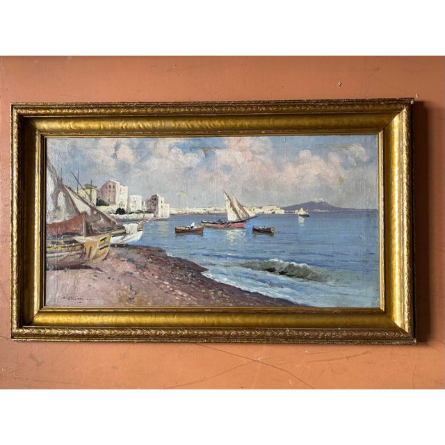 Italian Oil on Canvas of the Bay of Naples with Mt. Vesuvius in background. Carved and gilded frame. Signed ineligible...