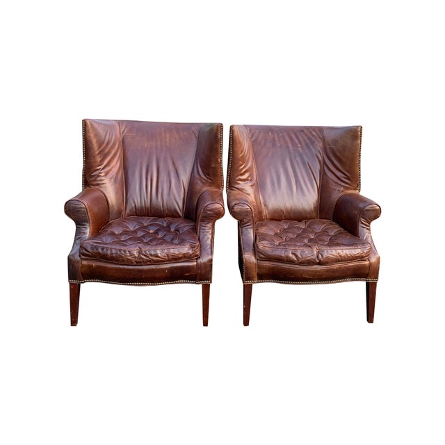 Restoration Hardware Tufted Seat Leather Wingback Drake Chairs in