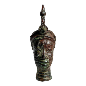 Antique Old Bronze Nigeria African Edo Ife Head Sculpture