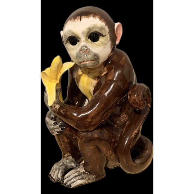 Art Deco Vintage Extra Large Majolica Italian Sculpture Monkey & Banana Hand Painted Sitting. For Sale - Image 3 of 10
