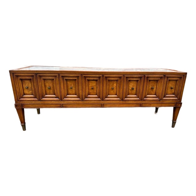 Vintage Hollywood Regency Campaign Style Marble Top Low Table Cabinet by Weiman For Sale
