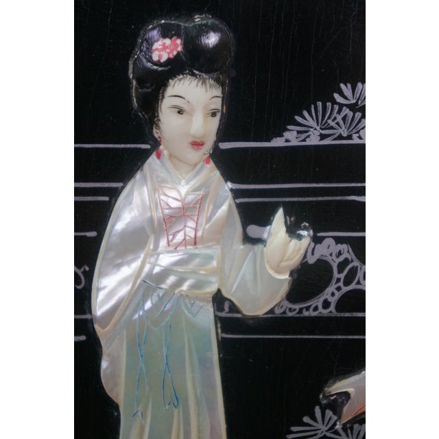 Black Lacquered Mother of Pearl Geisha Garden Courtyard Panels 24" For Sale - Image 10 of 13