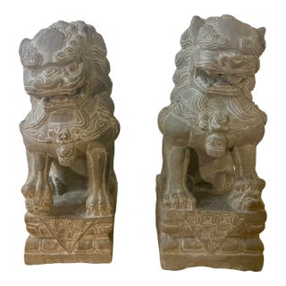 Vintage Hand Carved Stone Foo Dogs Guardian Lions, Pair, Asian Garden Sculptures For Sale