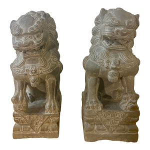Vintage Hand Carved Stone Foo Dogs Guardian Lions, Pair, Asian Garden Sculptures