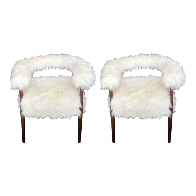 Pair of Italian Faux Goat Armchairs in the Style of Nanna Ditzel, Circa 1970's For Sale