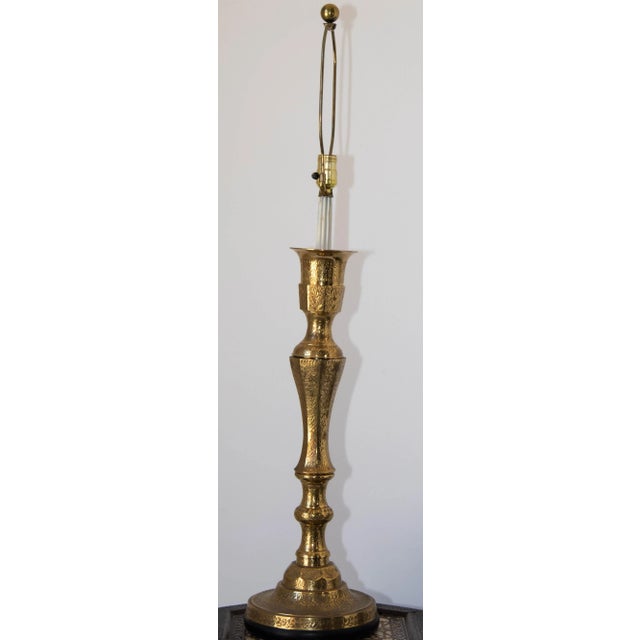 Moroccan Vintage Anglo-Indian Engraved Brass Candlestick Table Lamp, Circa 1950 For Sale - Image 3 of 18