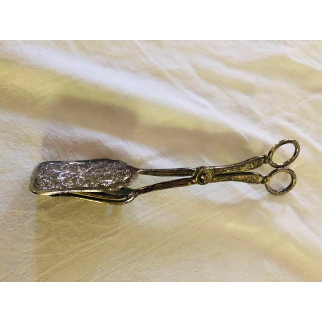 Beautiful Vintage Silver-plate Dessert tongs. Scroll design. Some patina. If you like shiny silver polish cleans right up