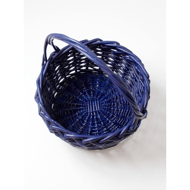 Large Vintage Blue Wicker Basket With Handle For Sale - Image 11 of 13