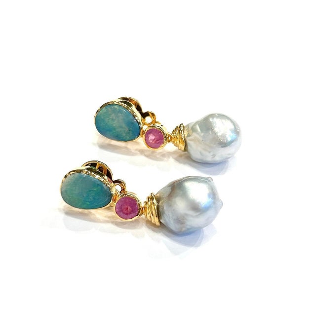 Bochic "Orient" Blue Opal, Pearl & Pink Ruby Earrings Set 18K Gold & Silver Natural Blue Opal - 2.00 carats Natural Ruby...