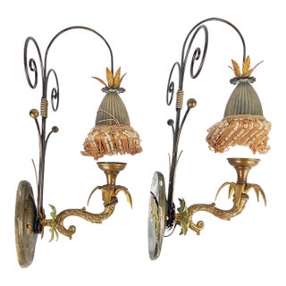 1970s Hollywood Regency Italian Gilt Torchère Wall Sconces With Beaded Fringe Shades - a Pair For Sale