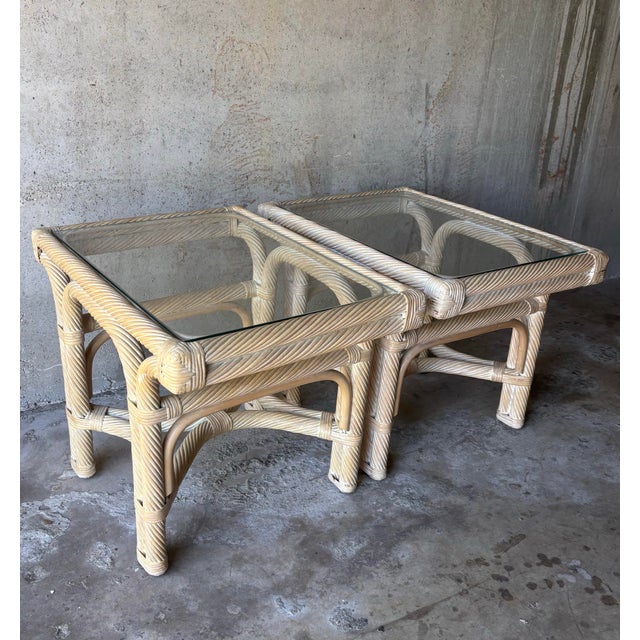 Beige Vintage Coastal Rattan and Glass End Tables - Pair For Sale - Image 8 of 8