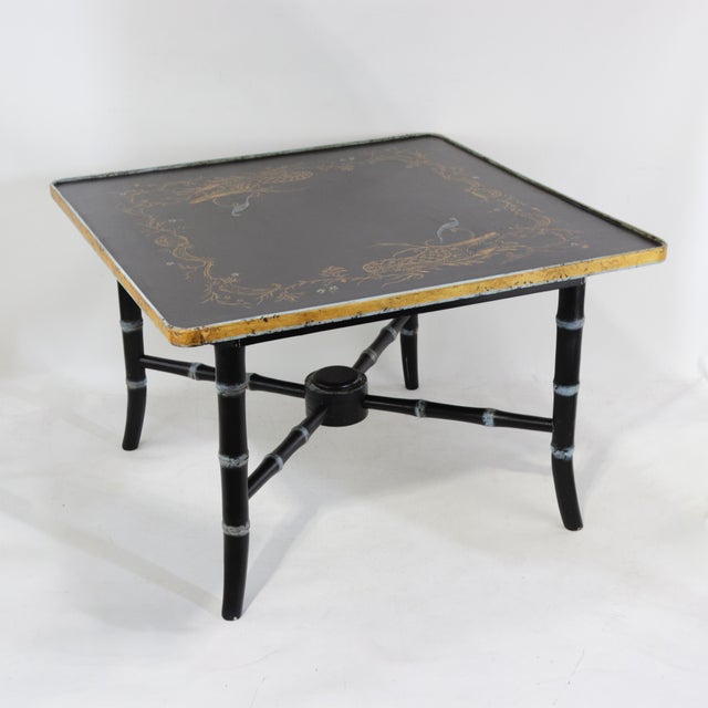 Pair of Vintage Black Lacquer Chinoiserie Side Tables With Gilt Peacock and Floral Motif For Sale - Image 4 of 17