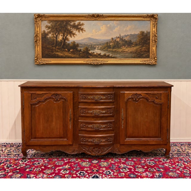 Antique French Louis XV Bow Front Buffet Sideboard Server Carved Oak C. 1930s For Sale - Image 17 of 18