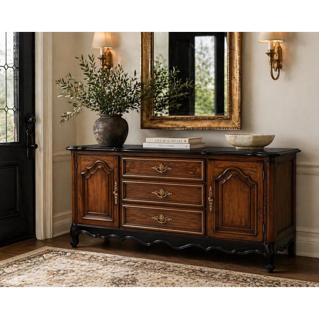 Vintage French Provincial Sideboard Buffet – Black Satin Top & Skirt, Tobacco Wood Finish, Gilt Hardware – 60” For Sale In Los Angeles - Image 6 of 12