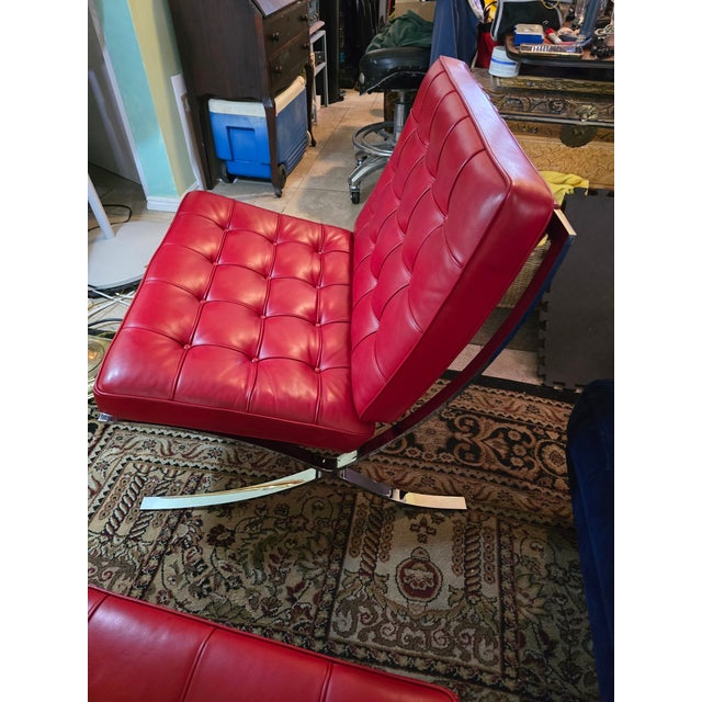 Mid-Century Modern Attributed Knoll Barcelona Chair & Matching Ottoman – Early 1960s Chrome Frame, Custom Red Leather, Laurel Canyon Provenance For Sale - Image 3 of 15