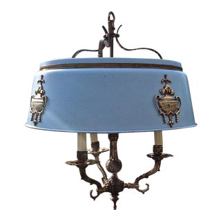 French Empire Hollywood Regency Robins Egg Blue Tole & Brass 3 Light Hanging Lamp For Sale