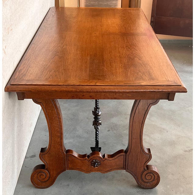 20th Century Spanish Oak Lyre Legs Trestle Dining Farm Table For Sale - Image 4 of 12
