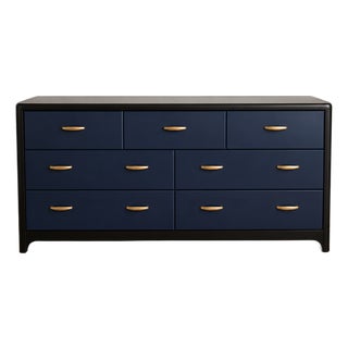 Vintage Navy Blue 9-Drawer Dresser With Brass Hardware For Sale
