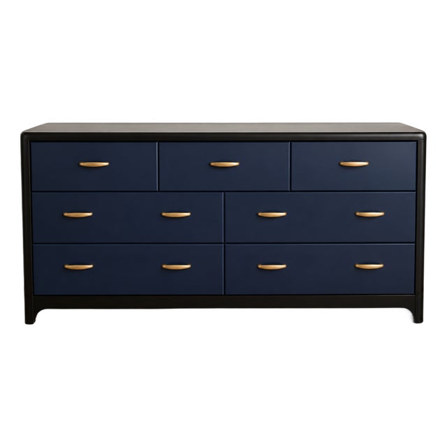 Vintage Navy Blue 9-Drawer Dresser With Brass Hardware For Sale