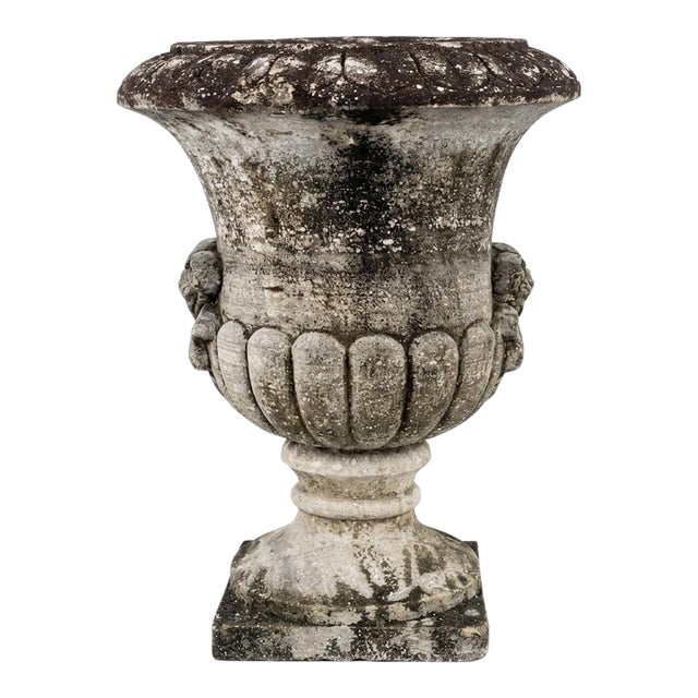 Vintage Classical Cast Stone Garden Urn With Fleur-De-Lis Relief & Weathered Patina For Sale