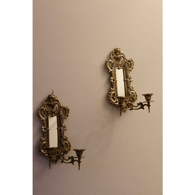 Brown Antique Brass Sconces with Mirrors, 1880, Set of 2 For Sale - Image 8 of 9