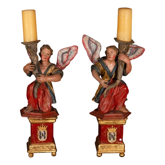 Spanish Baroque Polychrome Angel Torchères on Gilt Pedestals, 1750, Set of 2 For Sale
