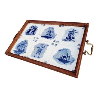 Antique Dutch Delft Blue Serving Tray with Hand-Painted Tiles, 1850s For Sale