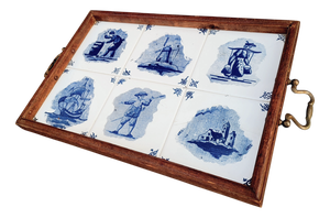 Antique Dutch Delft Blue Serving Tray with Hand-Painted Tiles, 1850s