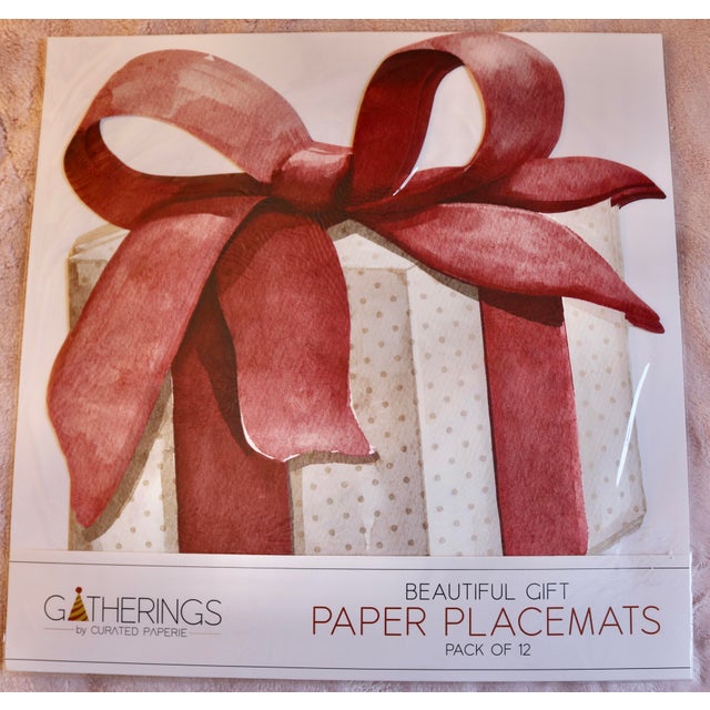 Red Ribbon Bow Paper Placemats - 16.8 Inch X 16.8 Inch - Pack of 12. Designed in USA.