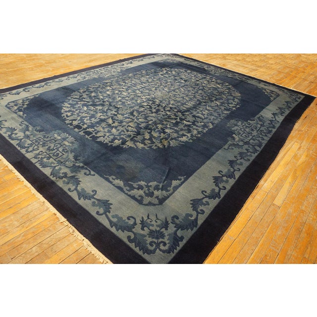 1920s Deco Blue Field and Elegant Floral-Medallion Antique Chinese Peking Rug For Sale - Image 4 of 11