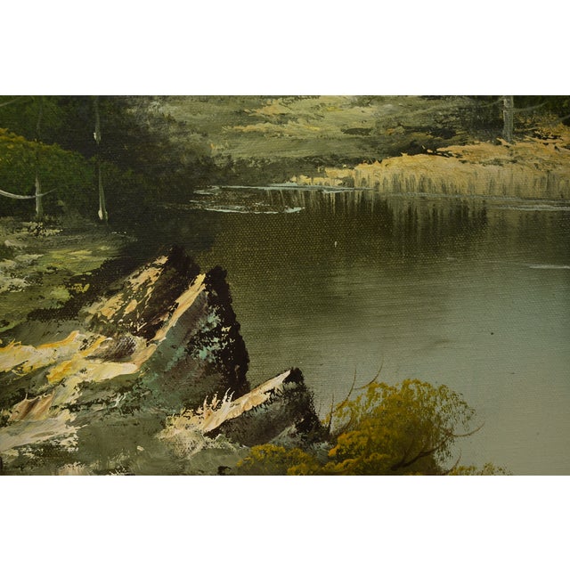 Wood Bob Ross Style Original Signed Mountain River Landscape Oil Painting in Carved Wood Frame For Sale - Image 7 of 16