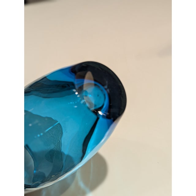 Nambe Nambe Vase Contemporary Turquoise Glass Vessel With Etched Band and Metal Rim For Sale - Image 4 of 4