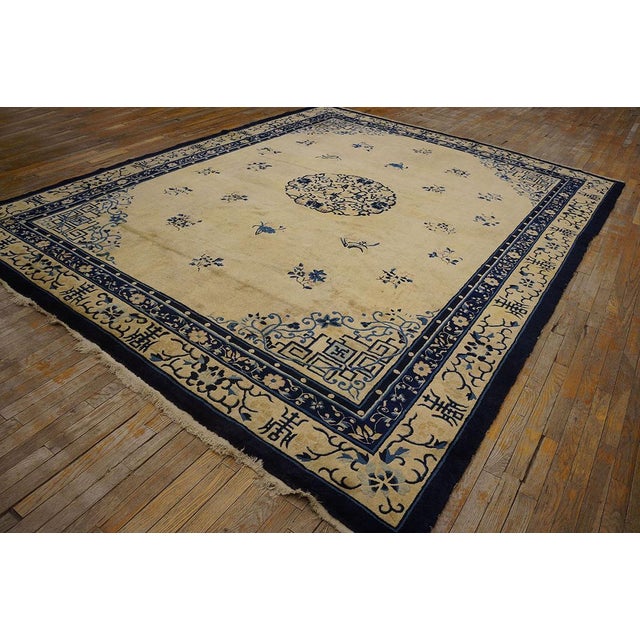 Stylish Ivory and Blue Color With Chinoiserie Design Antique Chinese Peking Rug For Sale - Image 4 of 8
