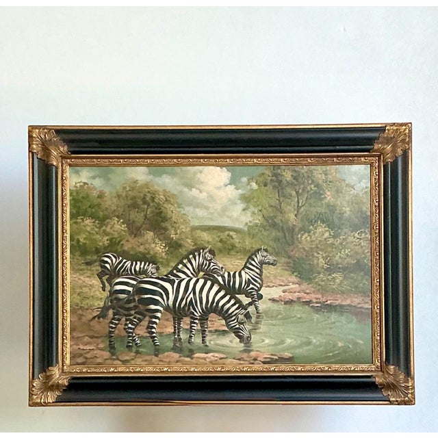 Vintage Zebra Landscape Oil Painting For Sale - Image 12 of 18