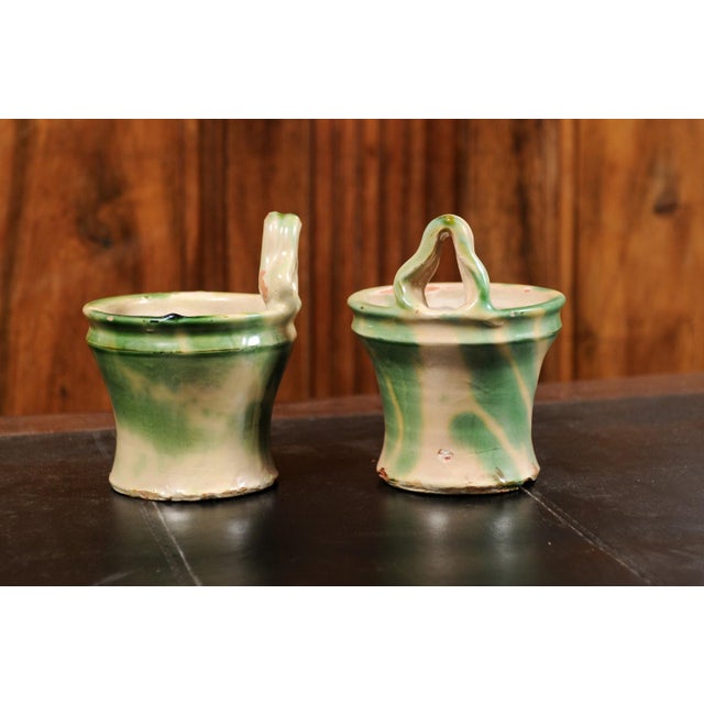 Ceramic French 19th Century Green and Yellow Glazed Pottery Hanging Planters - A Pair For Sale - Image 7 of 13