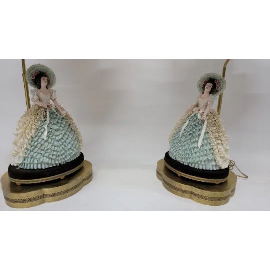 Cream Early 20th Century Victorian Dresden Porcelain Lace Lady Boudoir Lamps - Pair For Sale - Image 8 of 11